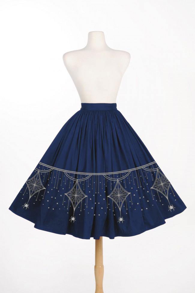 Bella Skirt In Blue & Silver Deco Spiderweb Border Print | Laura Byrnes & Hope Johnstun - pinupgirlclothing.com
