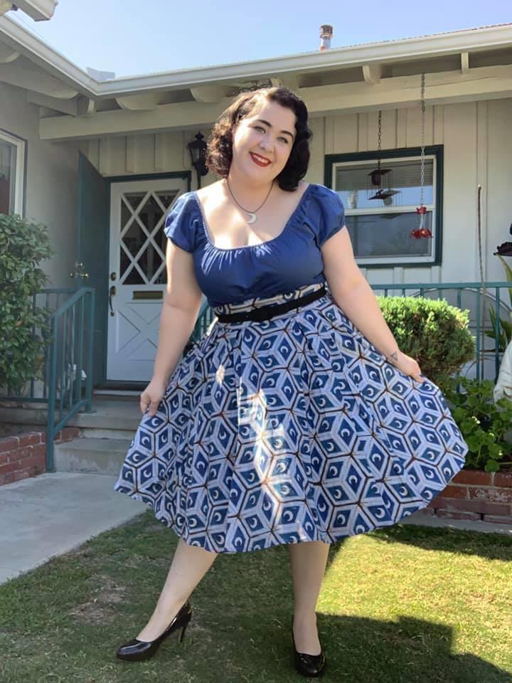 Vintage Gathered Peasant Top in Blue Cotton Sateen | Pinup Couture - pinupgirlclothing.com