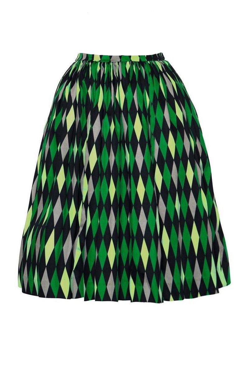 Bella Vintage Gathered Swing Skirt in Green House Harlequin | Pinup Couture - pinupgirlclothing.com