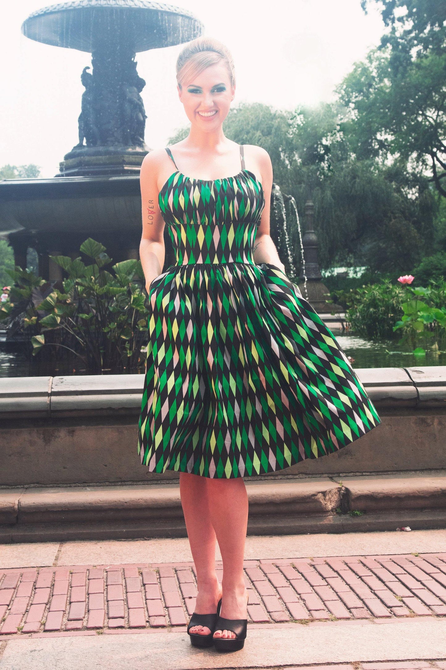 Ella Vintage Style Sun Dress in House Harlequin Green Cotton Sateen | Pinup Couture - pinupgirlclothing.com