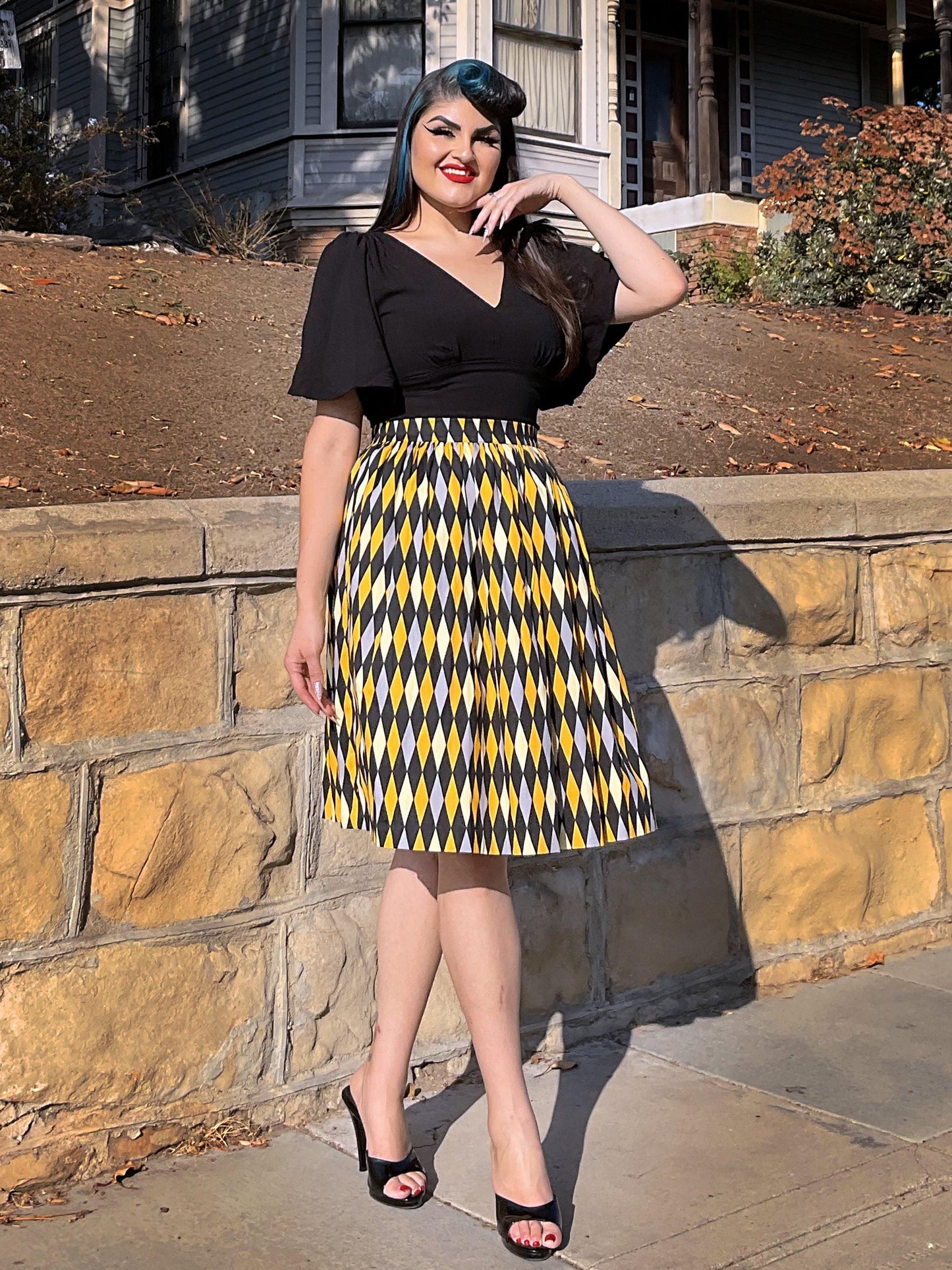Bella Vintage Gathered Swing Skirt in Yellow House Harlequin | Pinup Couture - pinupgirlclothing.com