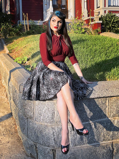 Little Jun Pleated Box Skirt in Black Widow Spider Web Print Sateen | Laura Byrnes - pinupgirlclothing.com