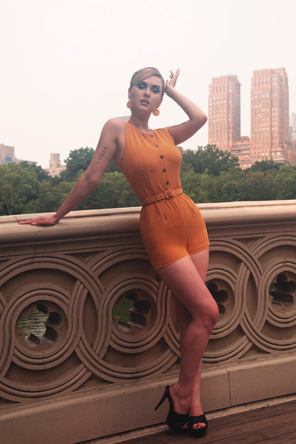 Edie Playsuit in Mustard Stretch Gabardine | Laura Byrnes Design - pinupgirlclothing.com