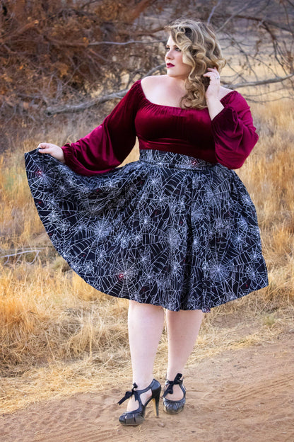 Little Jun Pleated Box Skirt in Black Widow Spider Web Print Sateen | Laura Byrnes - pinupgirlclothing.com