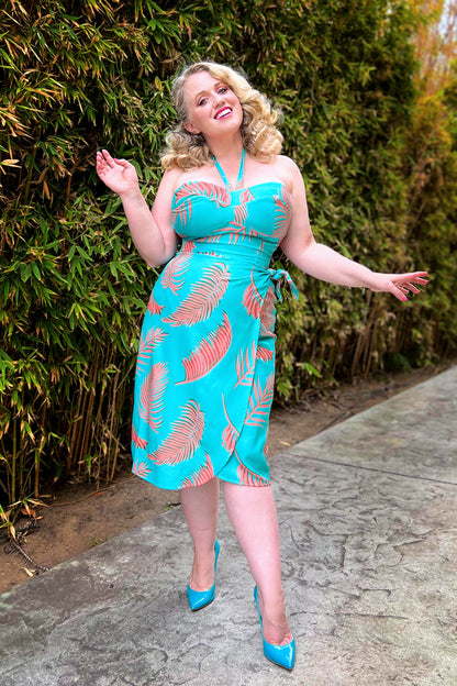 Final Sale - Serena Wiggle Dress in Aqua Palm Print on Crepe | Laura Byrnes & Hope Johnstun