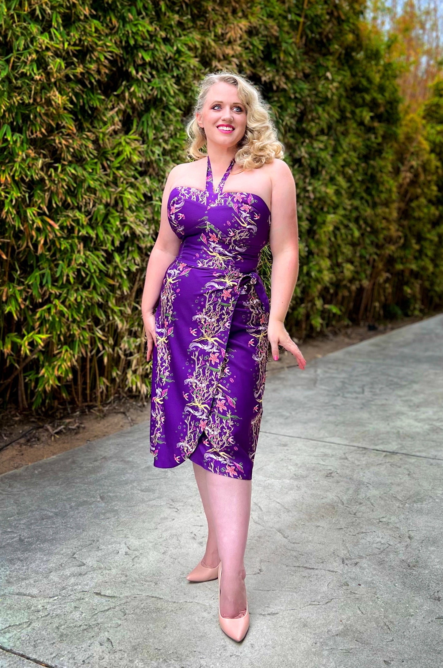 Serena Wiggle Dress in Purple Under The Sea Print on Crepe | Laura Byrnes & Hope Johnstun