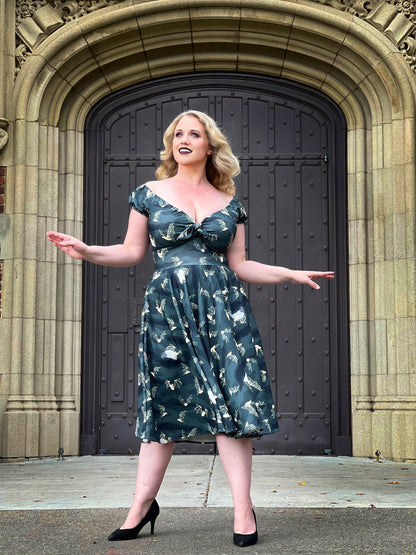 Natalie Dress in Grey Victorian Bats Print Crepe | Laura Byrnes & Hope Johnstun - pinupgirlclothing.com