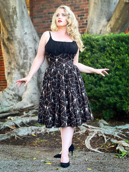 Holly Swing Dress in Halloween Skull Lace Print | Laura Byrnes & Hope Johnstun - pinupgirlclothing.com