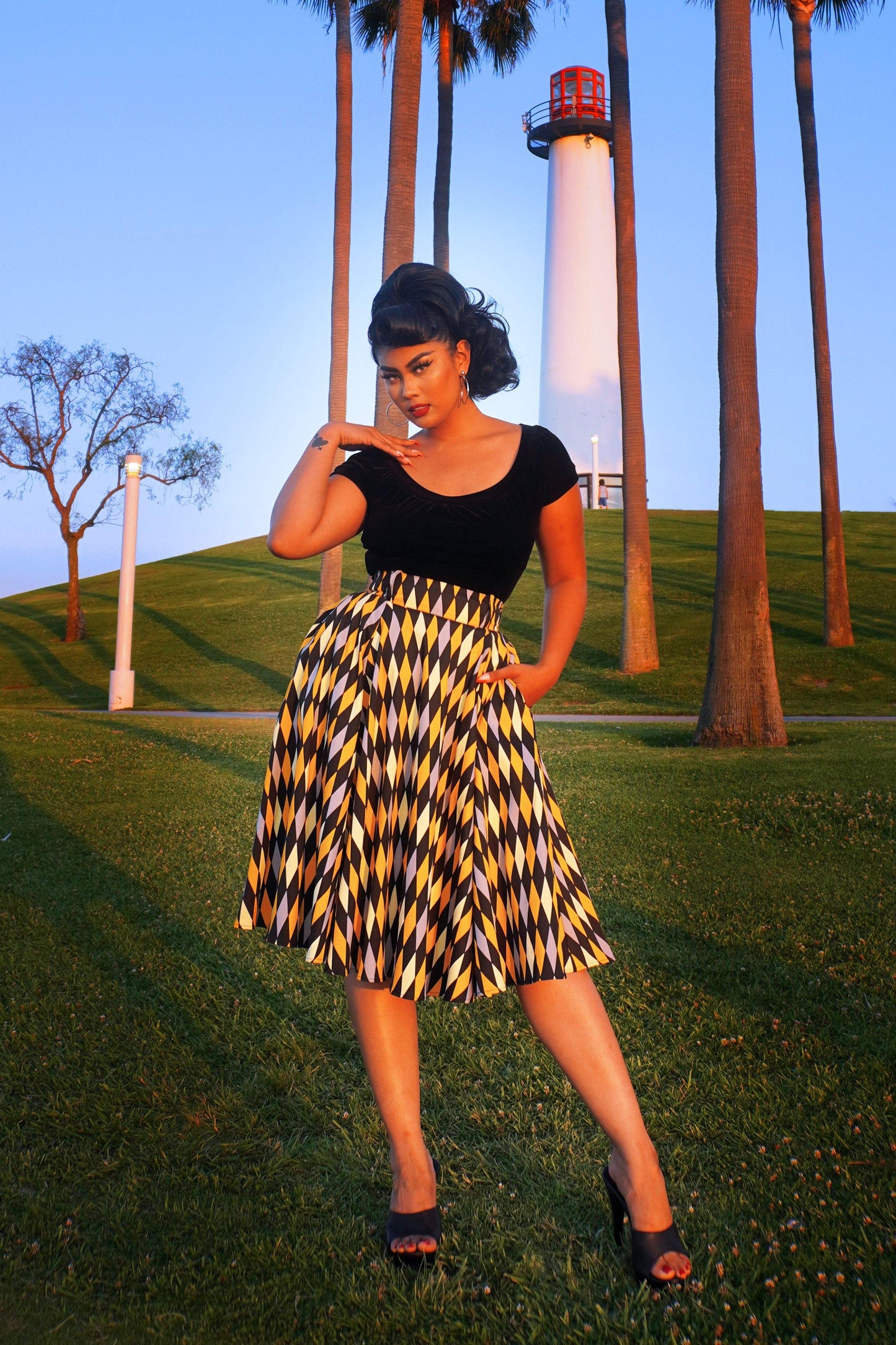 Doris Vintage Swing Skirt in House Harlequin Yellow | Pinup Couture - pinupgirlclothing.com
