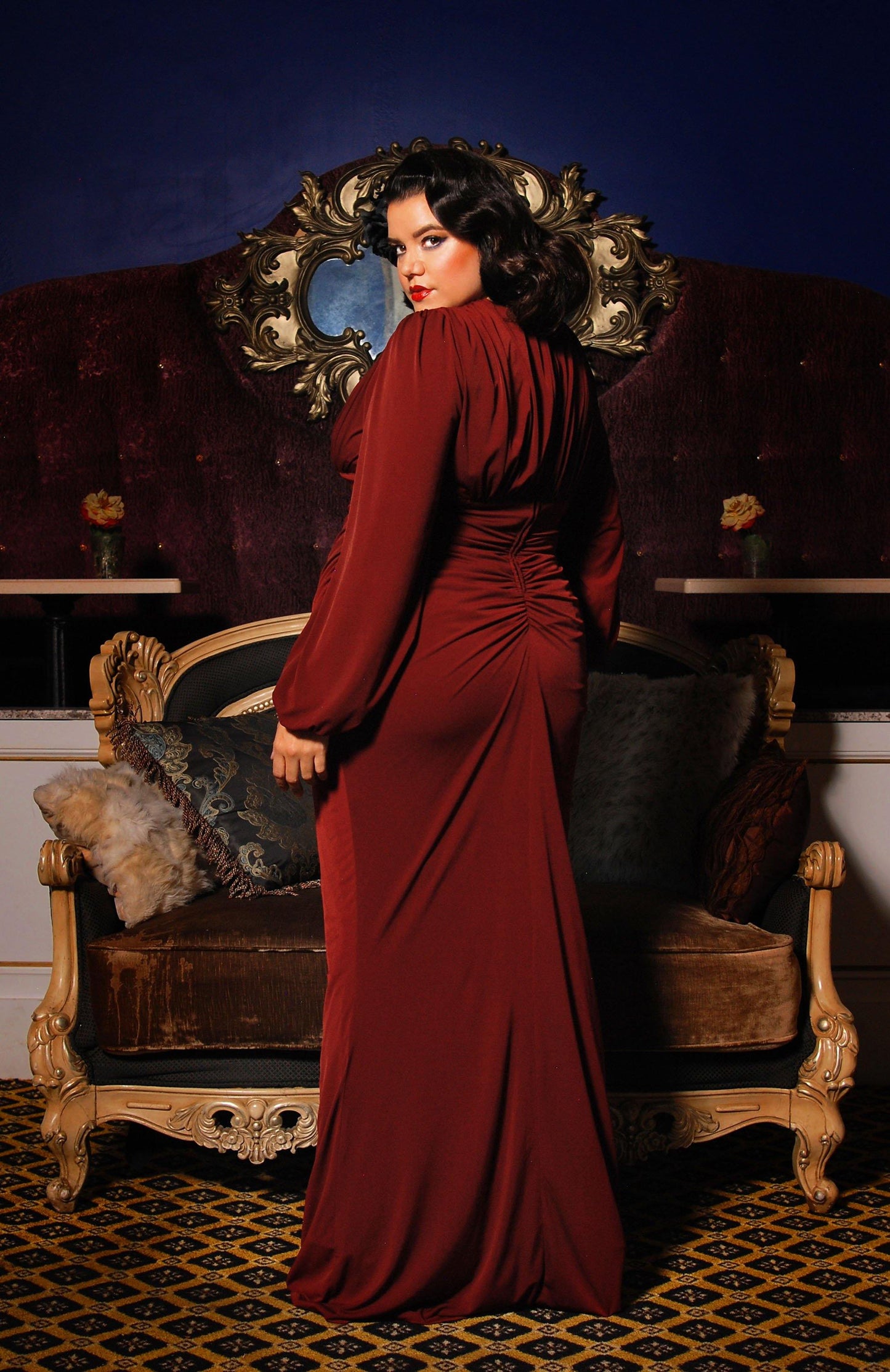 SOLD OUT - Gia Art Deco Gown in Burgundy with Bishop Sleeves | Laura Byrnes - pinupgirlclothing.com