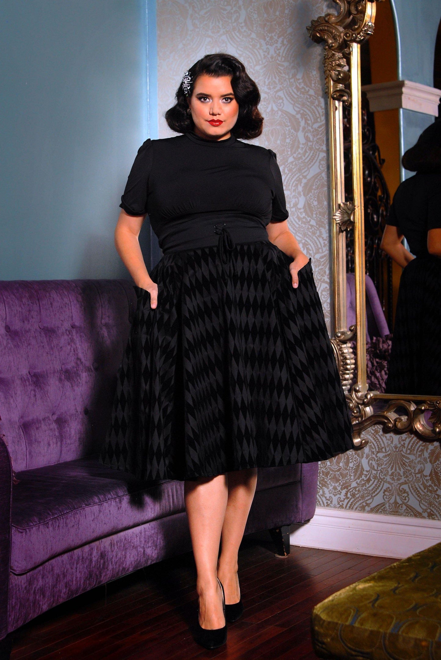Vintage Inspired Corset Skirt in Black Flocked Harlequin Print | Laura Byrnes - pinupgirlclothing.com
