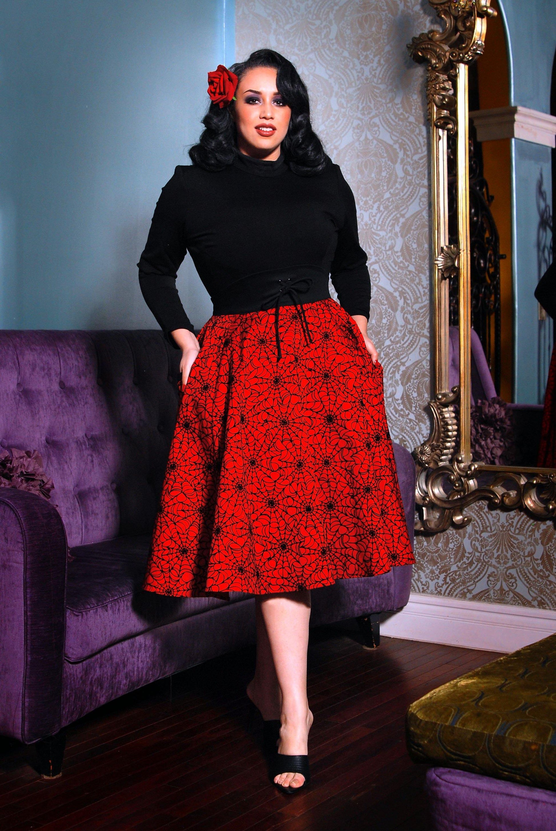 Final Sale - Vintage Inspired Corset Skirt in Red & Black Flocked Spiderweb Print | Laura Byrnes - pinupgirlclothing.com