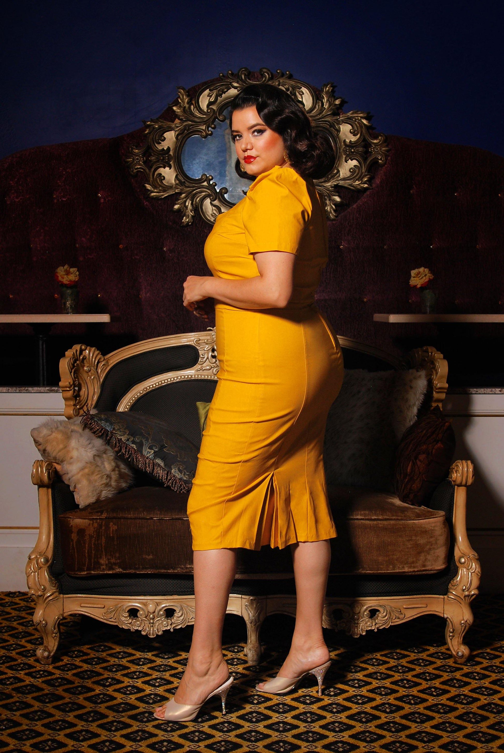 Eliza Wiggle Dress in Mustard Stretch Bengaline | Deadly Dames - pinupgirlclothing.com