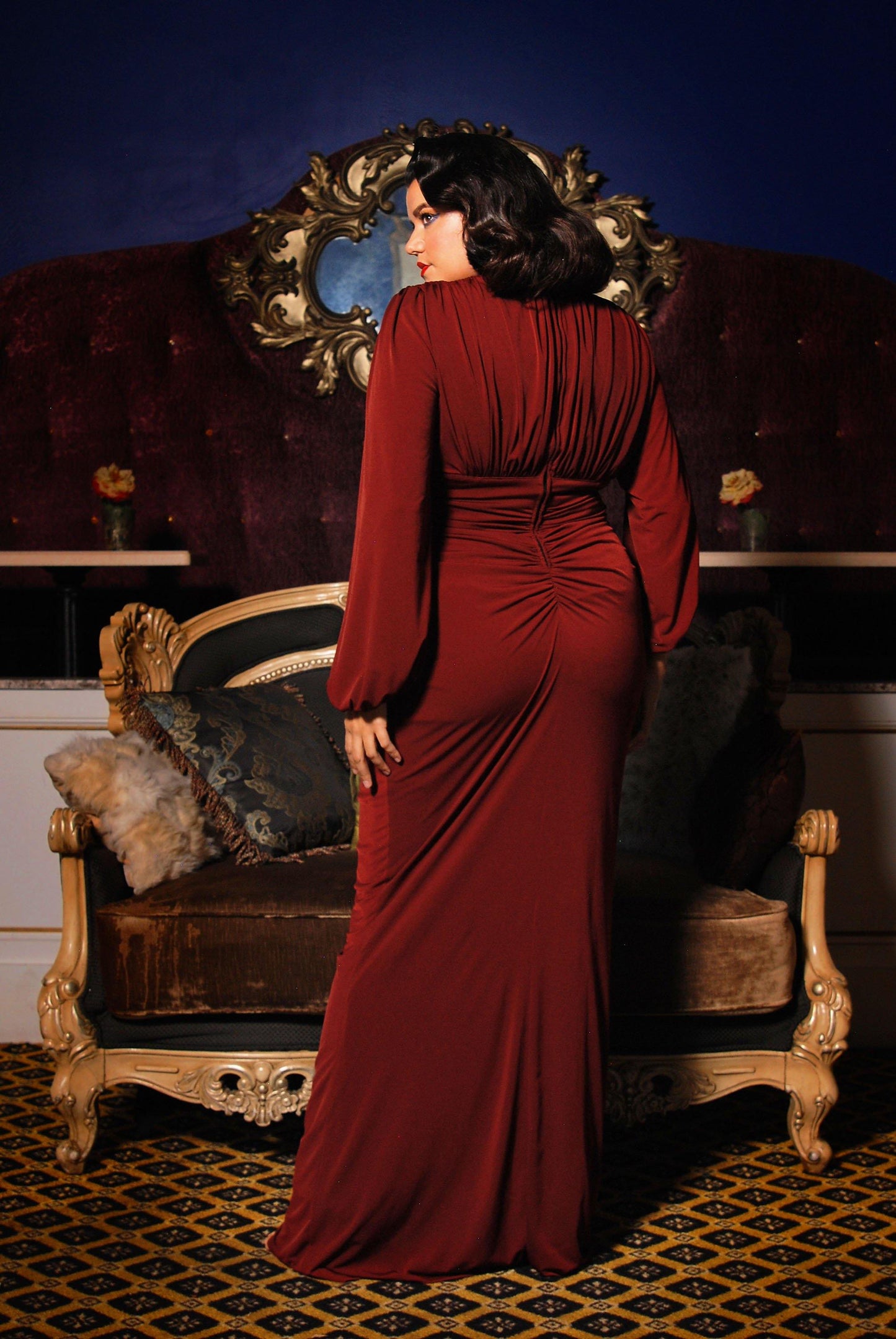 SOLD OUT - Gia Art Deco Gown in Burgundy with Bishop Sleeves | Laura Byrnes - pinupgirlclothing.com
