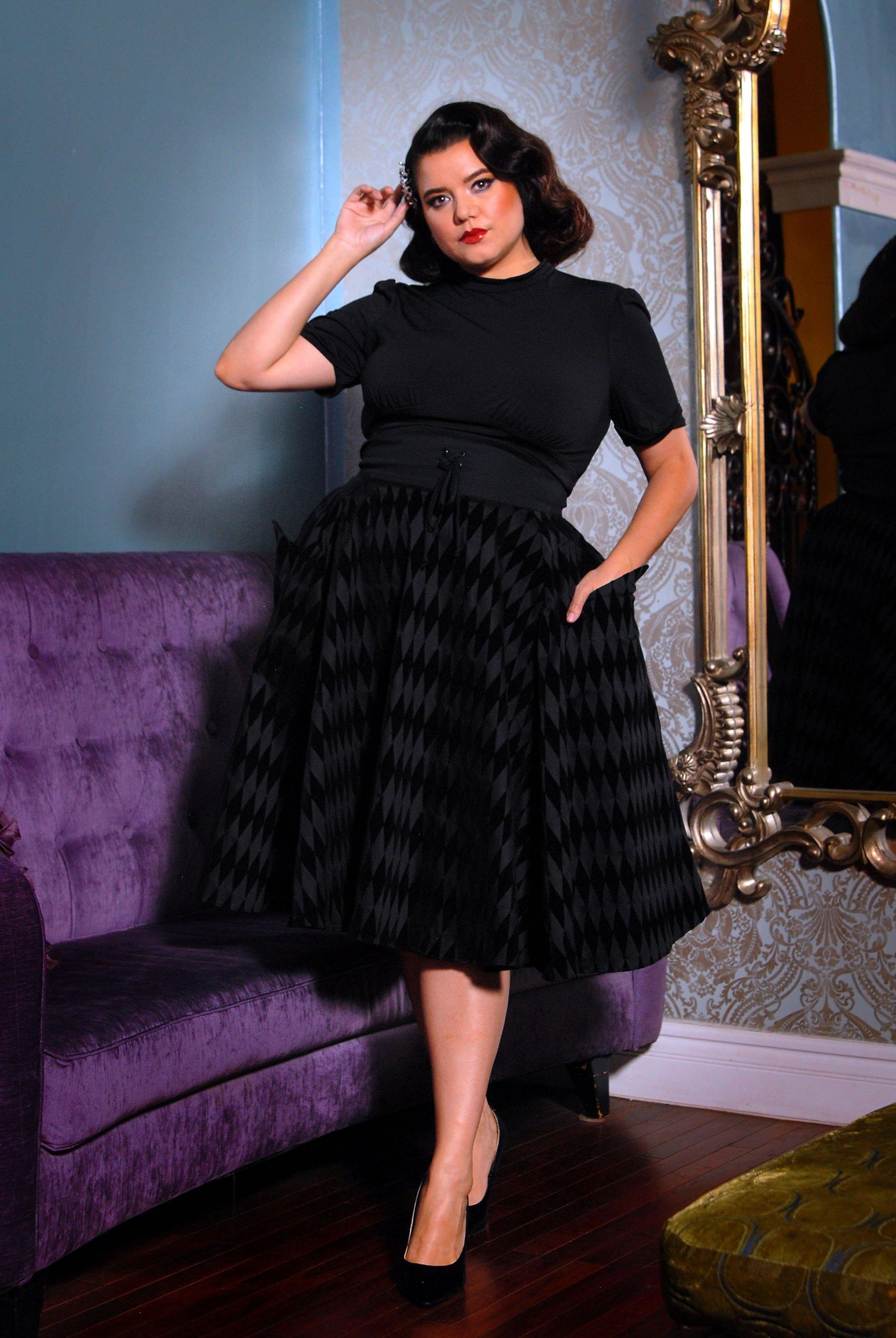 Final Sale - Vintage Inspired Corset Skirt in Black Flocked Harlequin Print