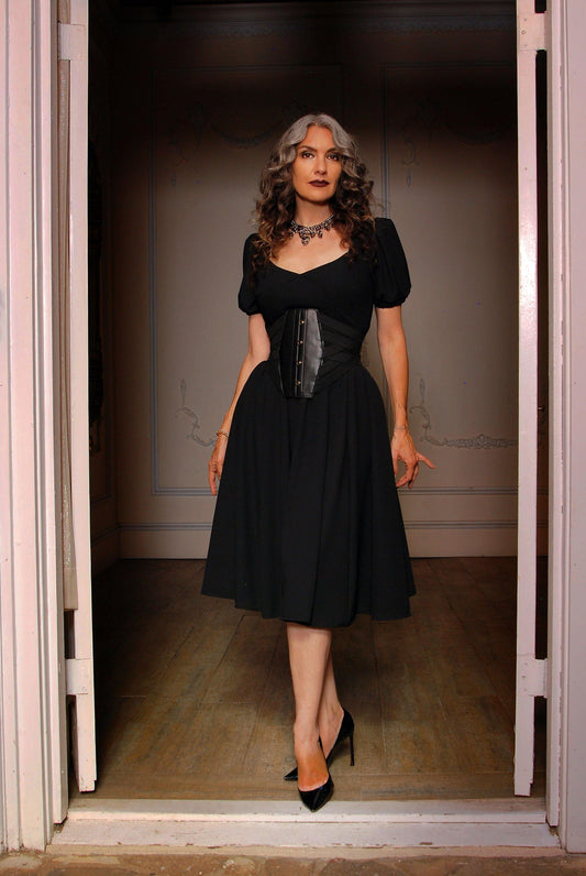 Final Sale - Vintage Inspired Corset Skirt in Black Flocked Harlequin Print