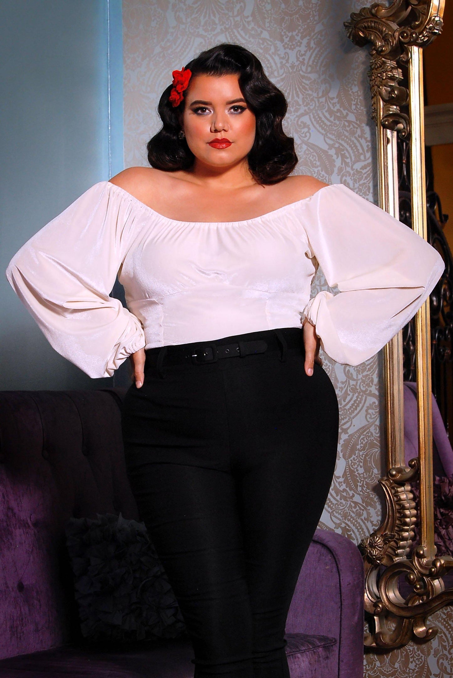 Swann Long Sleeve Peasant Top in Ivory Stretch Velvet | Pinup Couture - pinupgirlclothing.com
