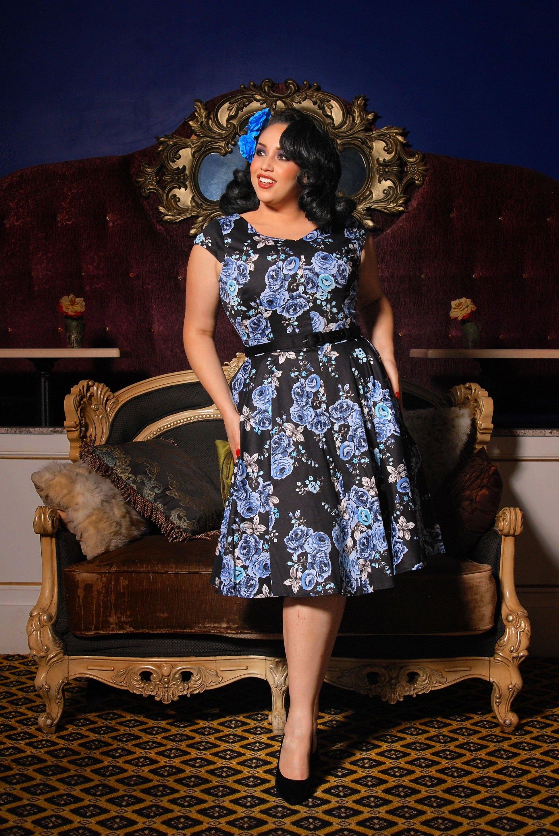 Final Sale - Celia Dress in Blue Roses Cotton Sateen | Pinup Couture - pinupgirlclothing.com