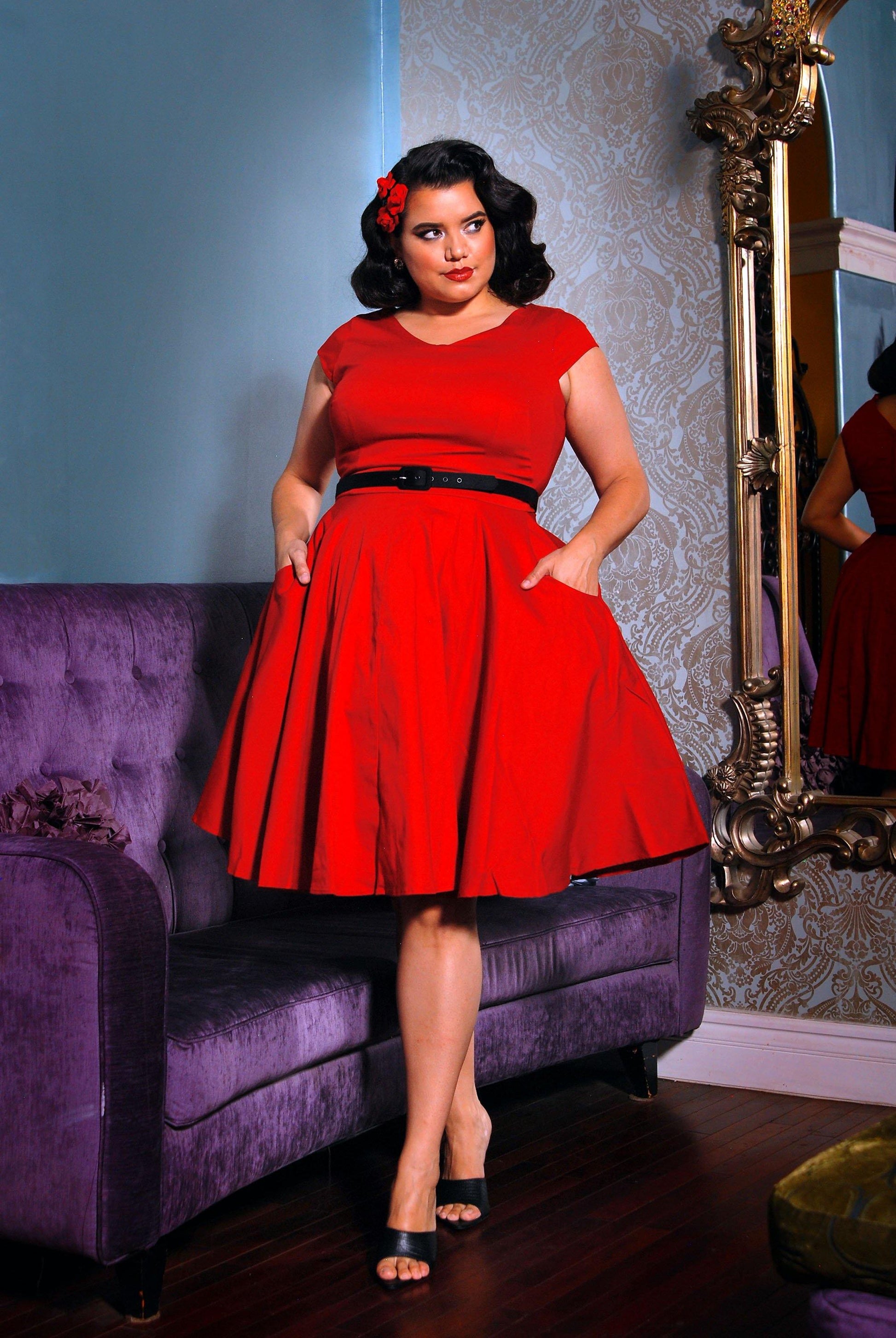 OYS - Sale - Celia Vintage Swing Dress in Solid Red Cotton Satee – pinupgirlclothing.com