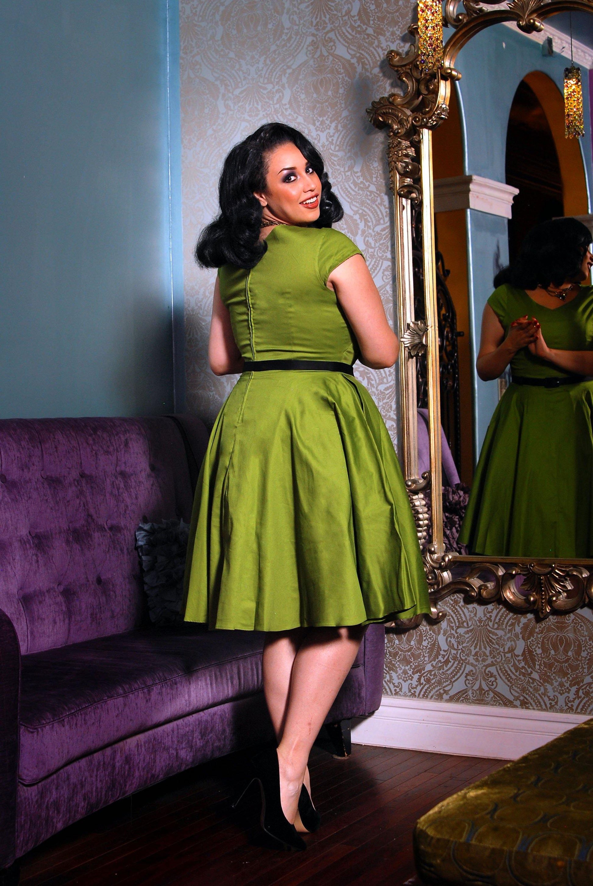 Celia Vintage Swing Dress in Olive Cotton Sateen | Pinup Couture - pinupgirlclothing.com