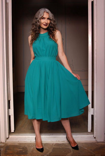 Final Sale - Maybelle Gathered Swing Dress in Solid Jade | Laura Byrnes - pinupgirlclothing.com