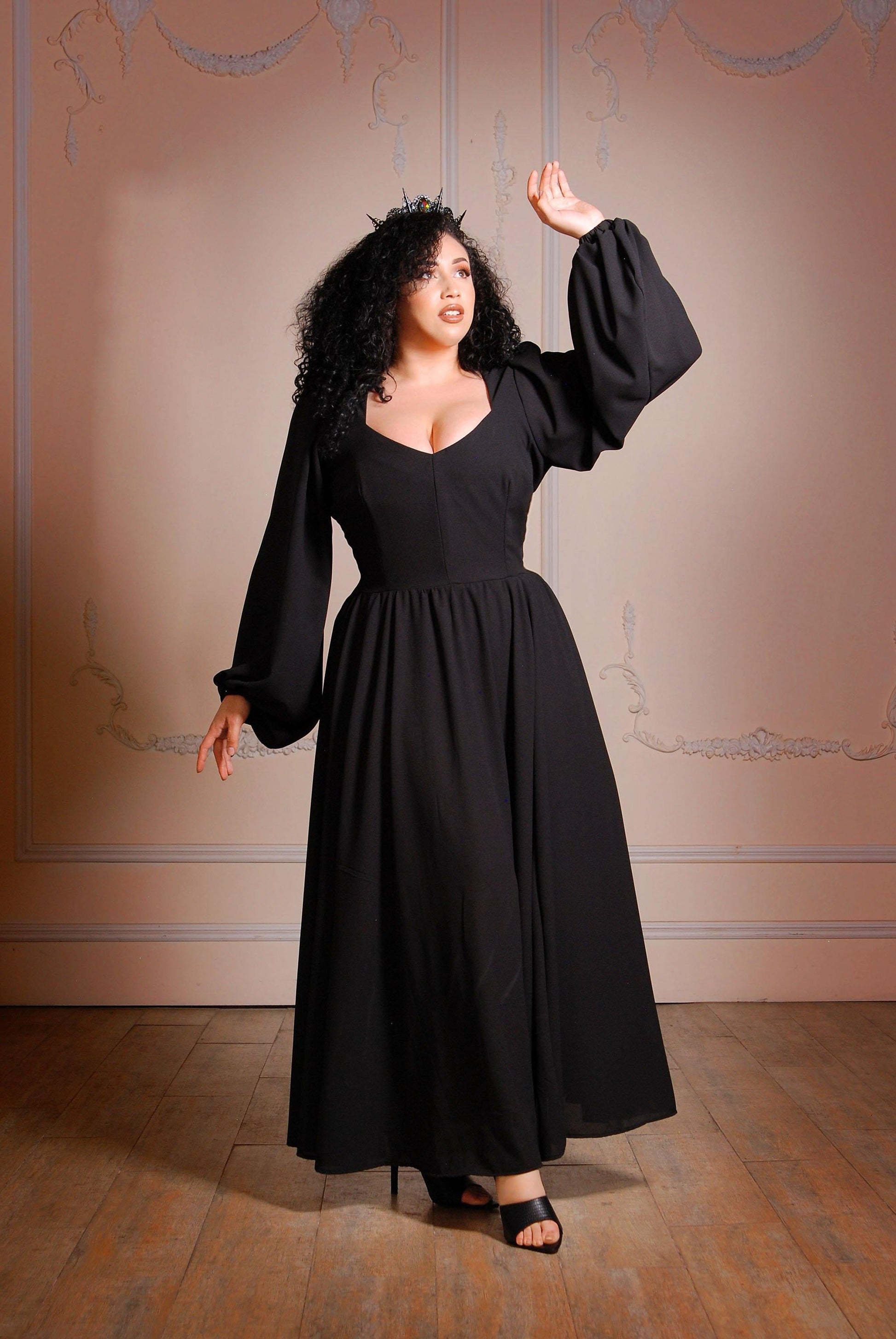 Sold Out - Lucrezia Renaissance Maxi Gown in Solid Black Stretch Crepe | Laura Byrnes - pinupgirlclothing.com