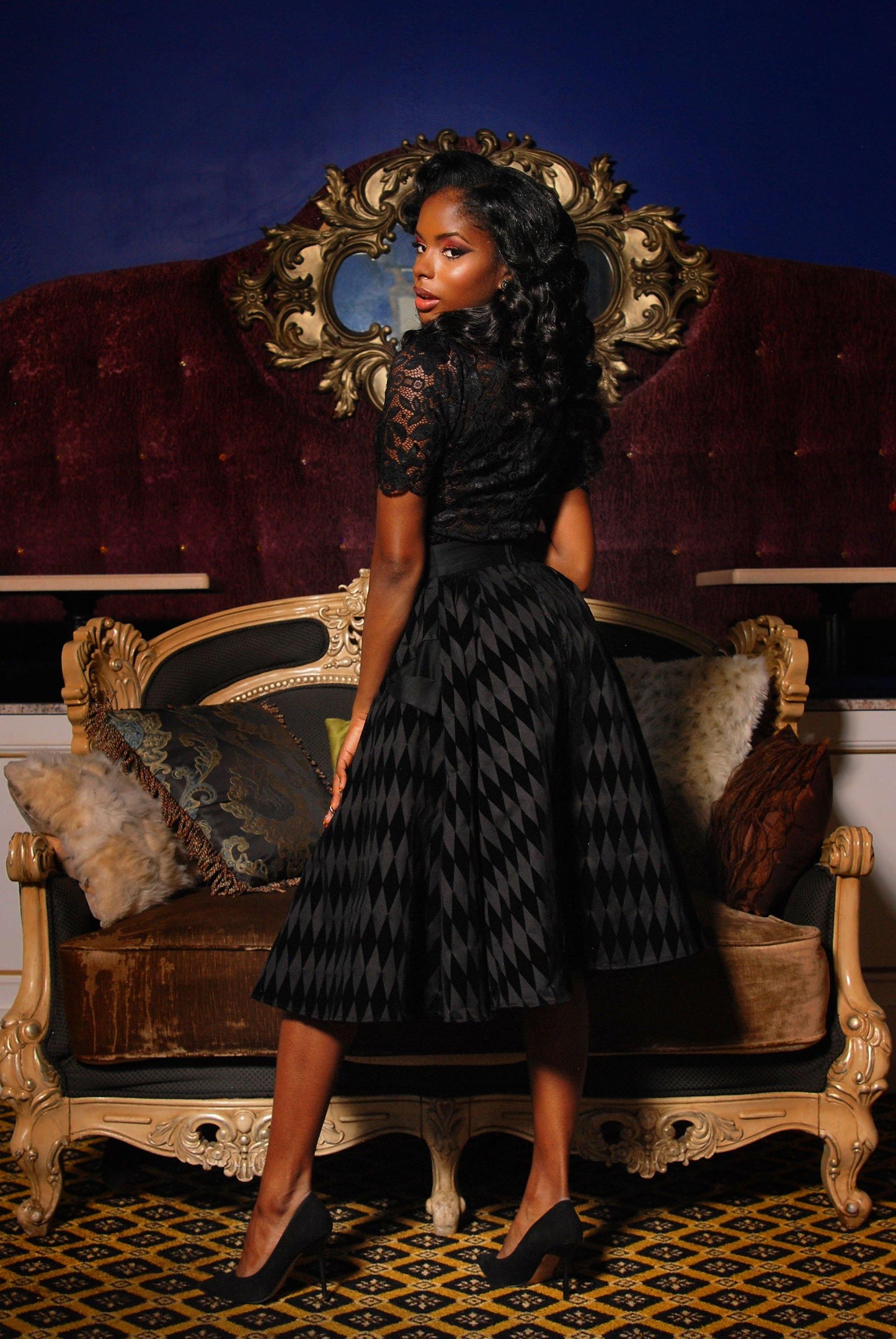 Vintage Inspired Corset Skirt in Black Flocked Harlequin Print | Laura Byrnes - pinupgirlclothing.com