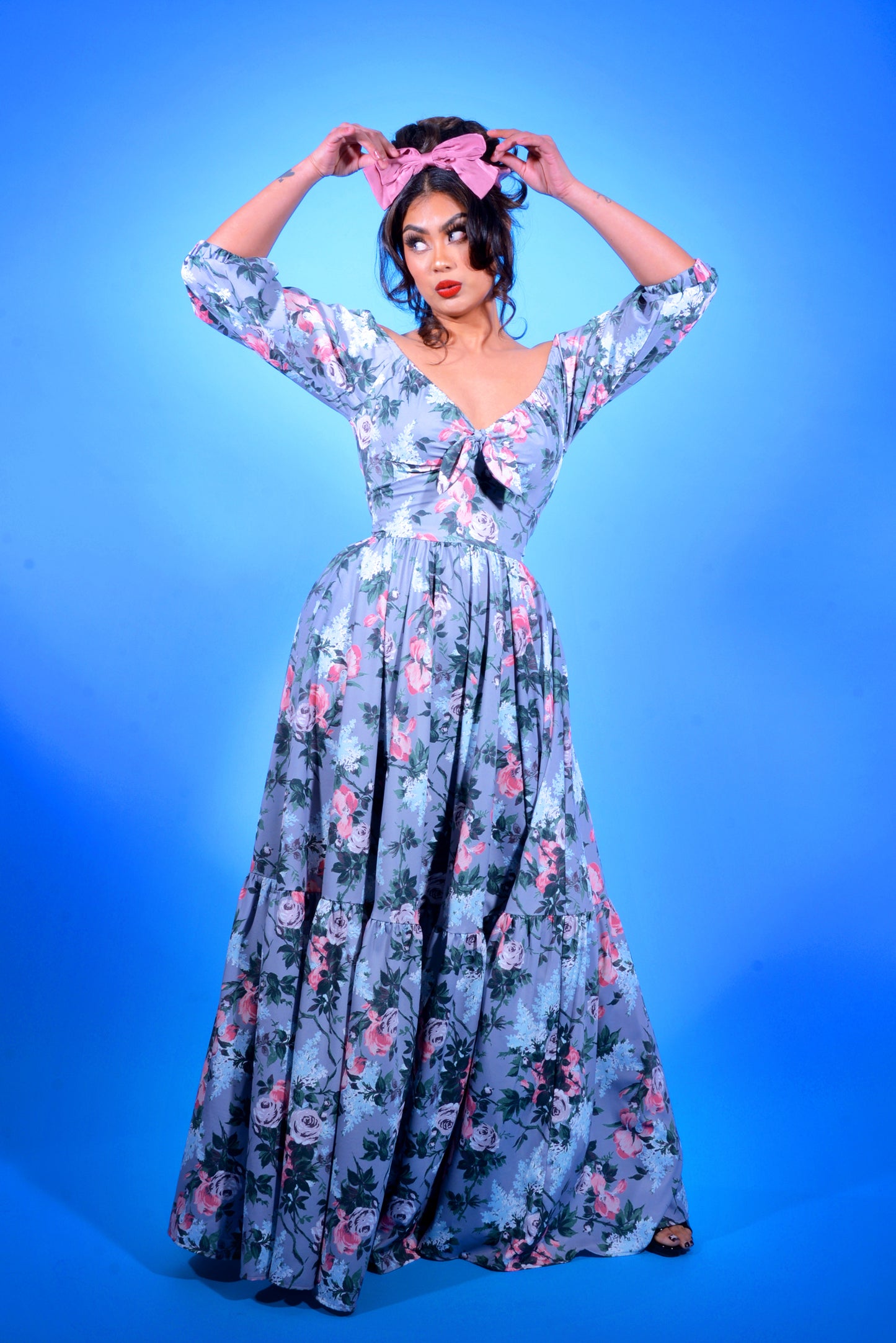 Molly 70s Floral Vintage Maxi Gown in J'adore Paris Bella Roses Print | Pinup Couture