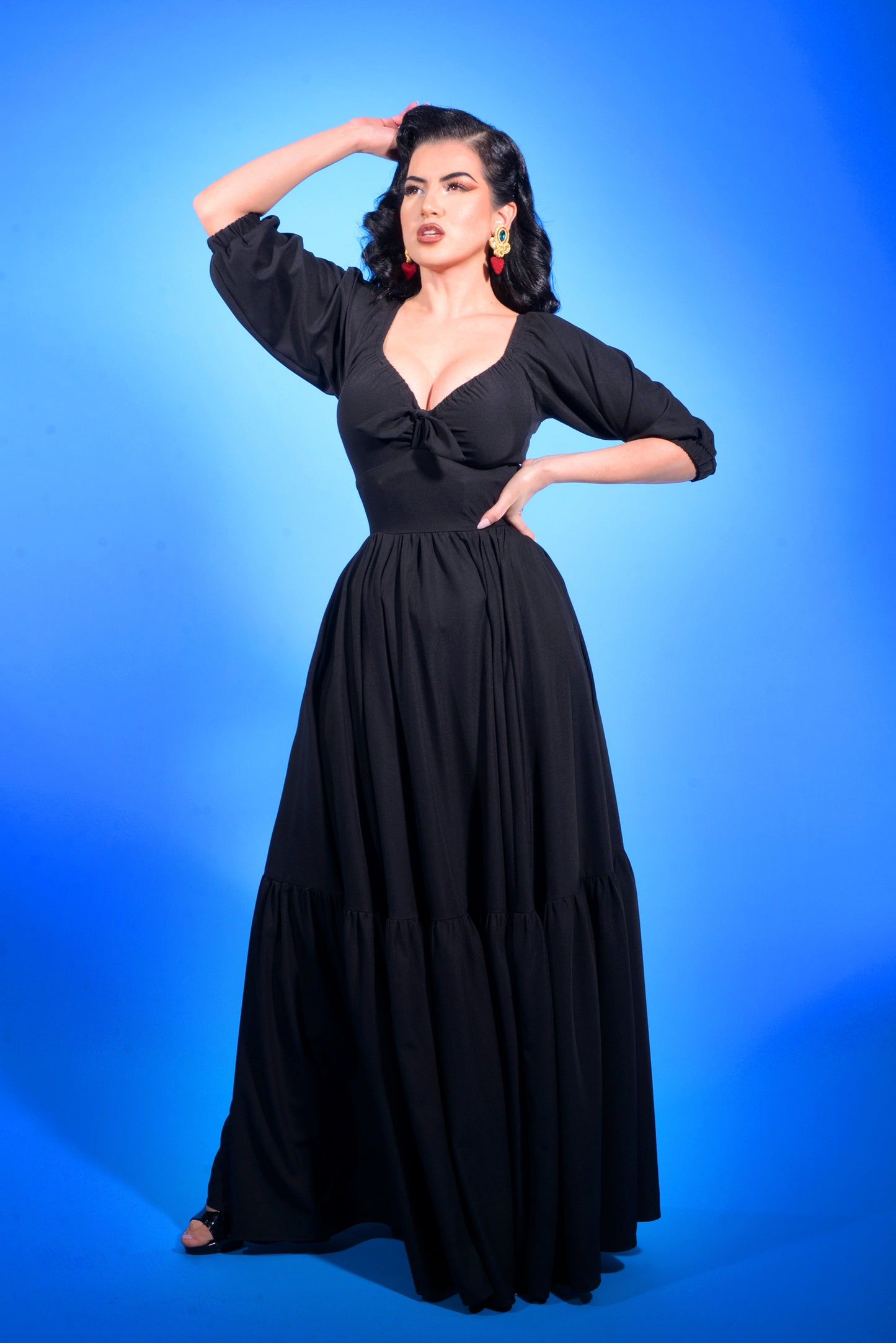Molly Vintage Gothic 70s Maxi Gown in Solid Black Crepe | Pinup Couture