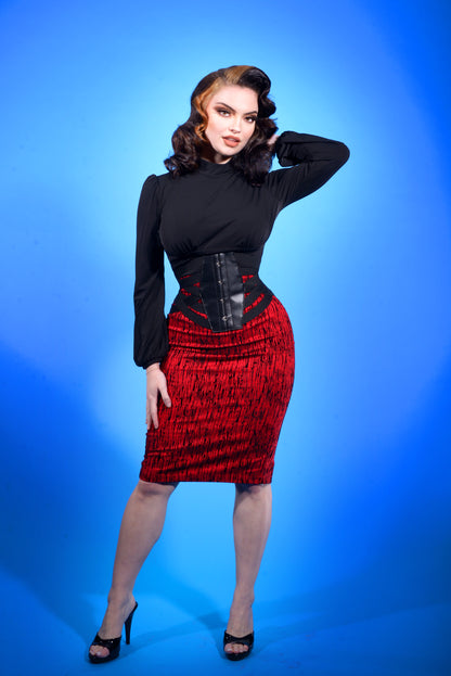 LB High Waisted Pencil Skirt in Red Flocked | Laura Byrnes Design