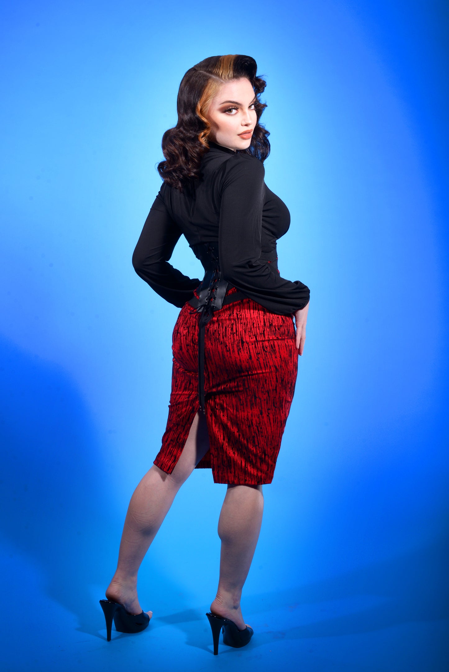 LB High Waisted Pencil Skirt in Red Flocked | Laura Byrnes Design