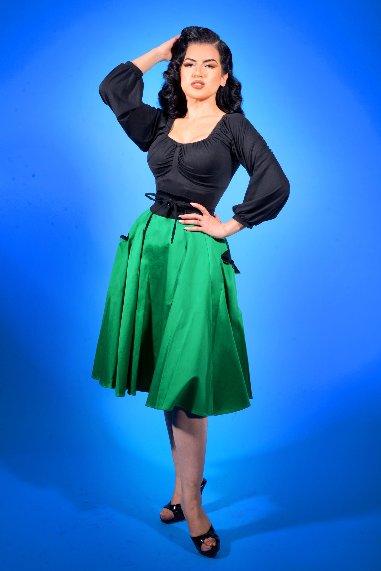 OYS - Final Sale - Vintage Inspired Corset Skirt in Green Cotton Sateen | Laura Byrnes Design