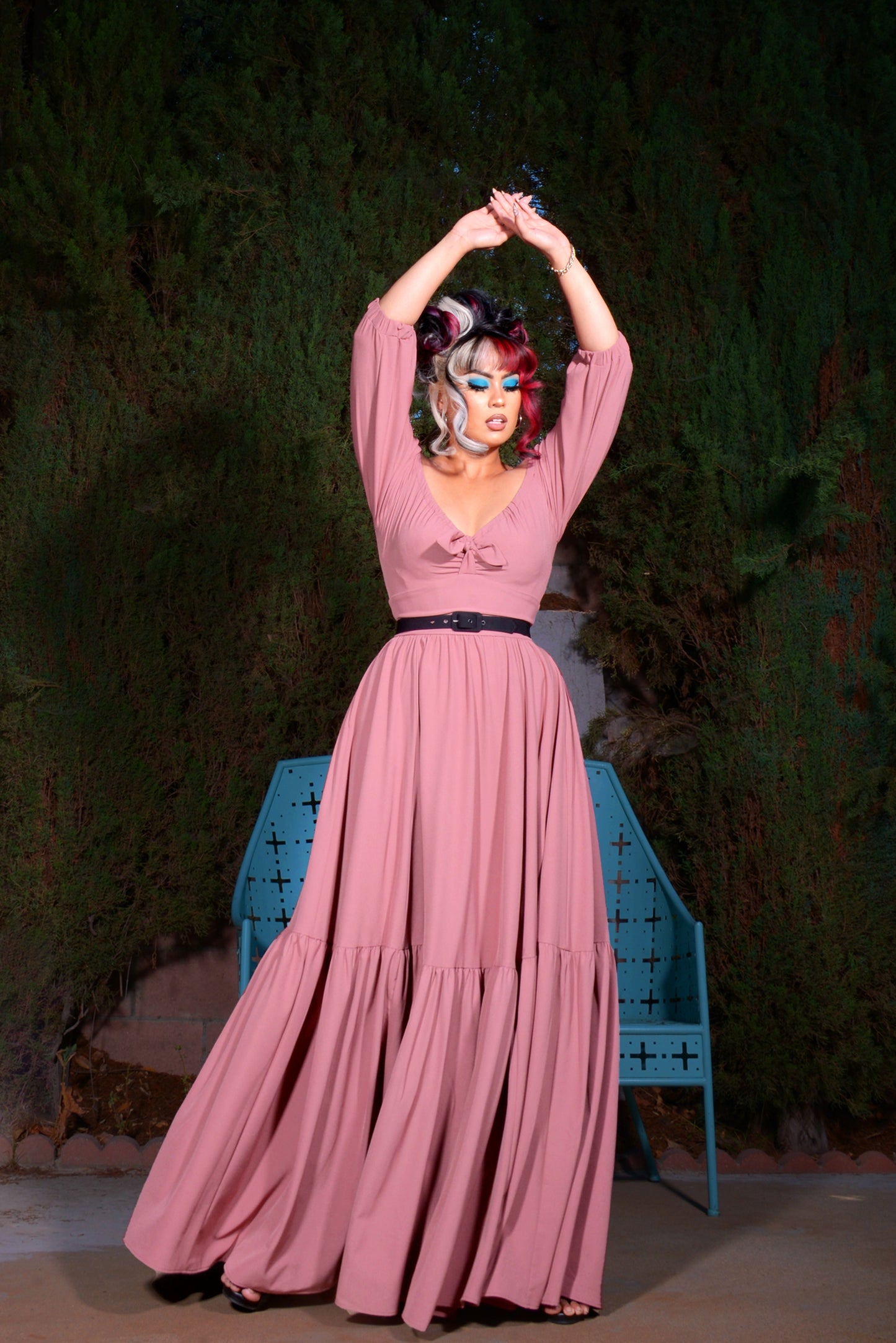 Molly Cottage 70s Maxi Gown in Mulberry Pink Crepe | Pinup Couture