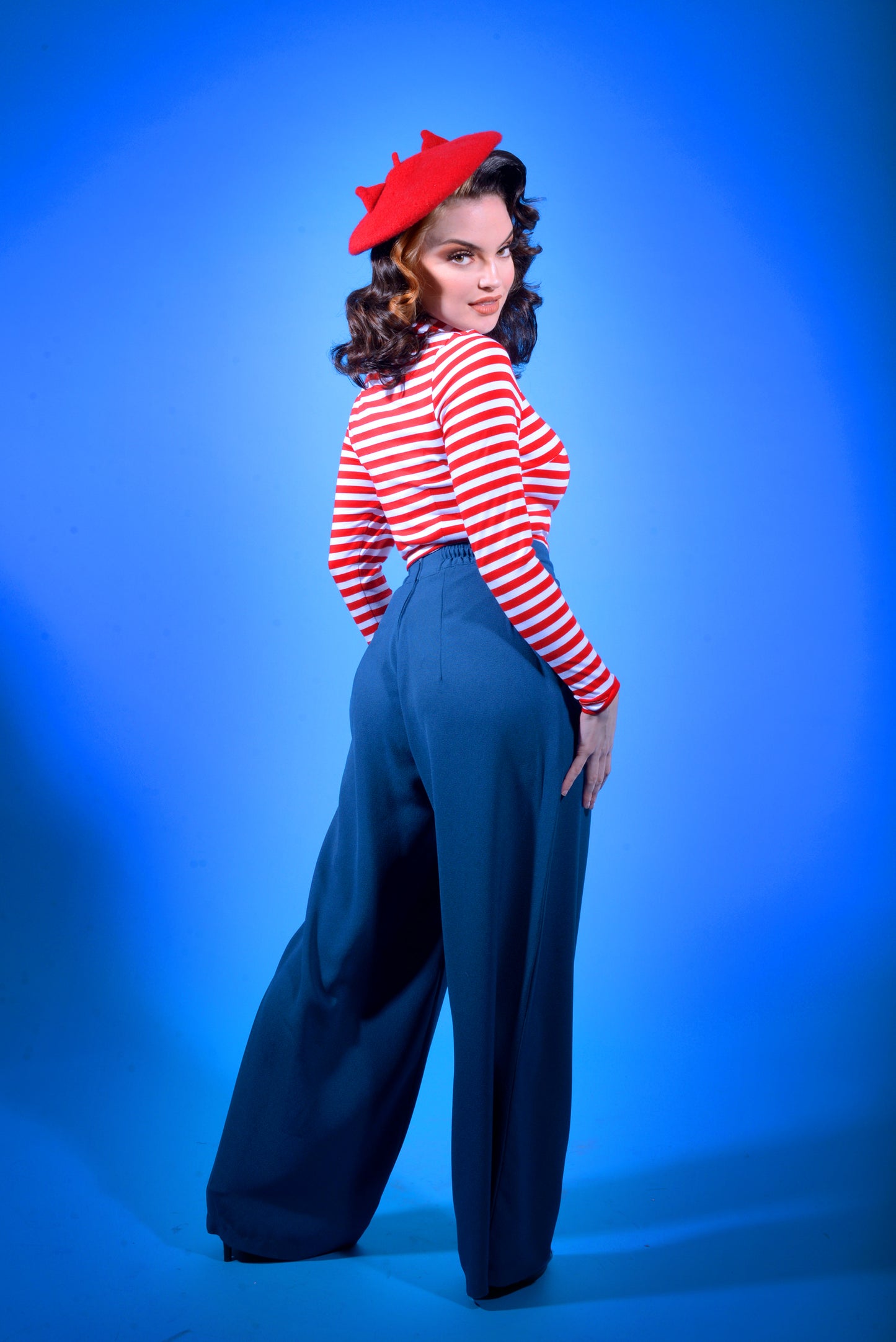 Hepburn 40s Style Vintage Wide-Leg Trousers in Amalfi Teal Crepe | Laura Byrnes Design