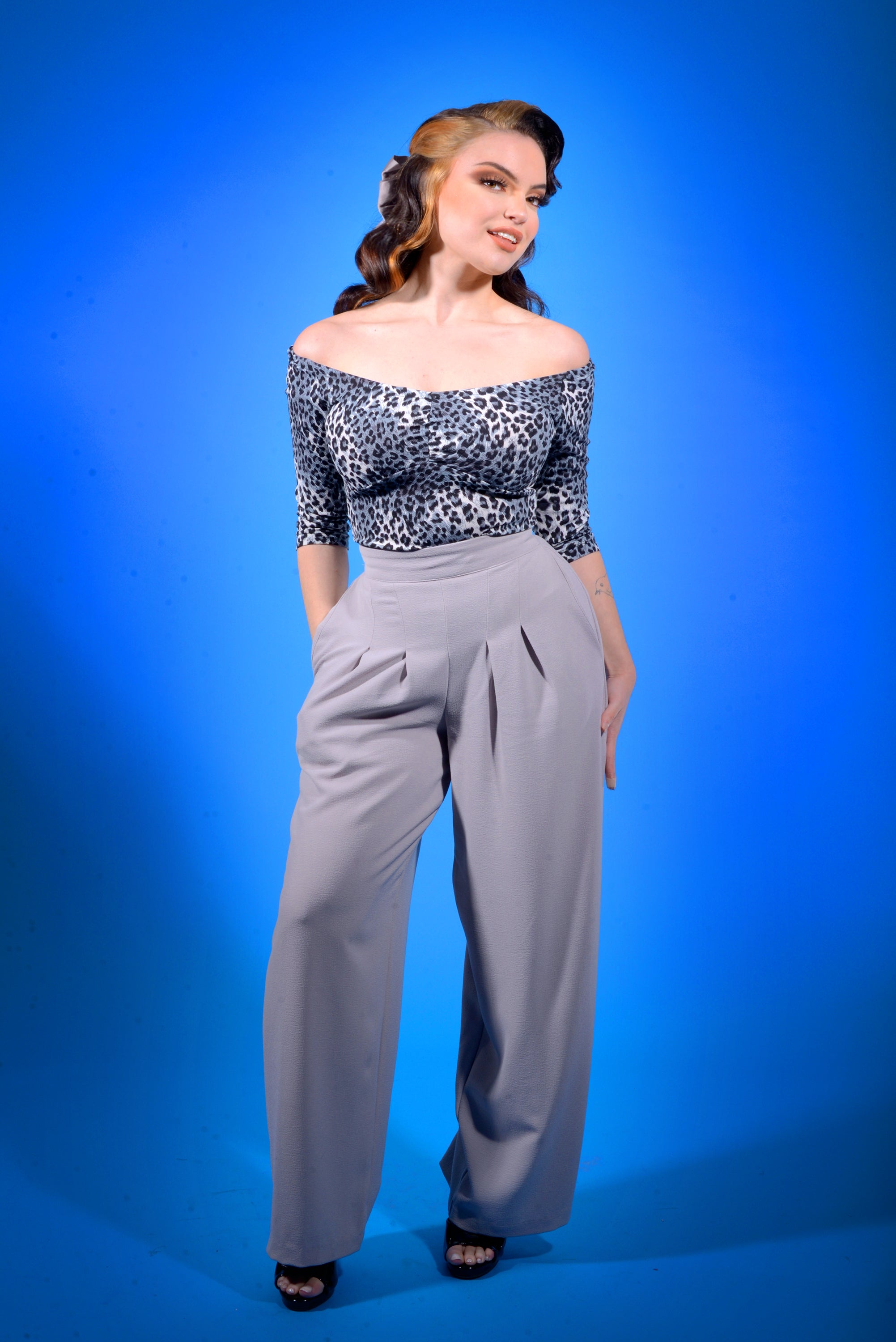 Kayla Top in Grey Leopard Crepe