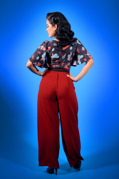 Hepburn Vintage Style Wide Leg Trousers in Burgundy Crepe | Laura Byrnes Design