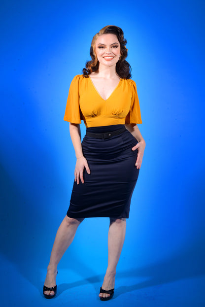 LB High Waisted Pencil Skirt in Navy Cotton Sateen | Laura Byrnes Design