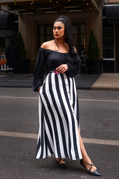 OYS -  Final Sale - Selene Button Front Midi Skirt in Mark Stripe Crepe | Laura Byrnes Design