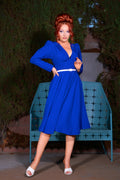 Luna 40s Swing Dress in Cobalt Blue Crepe | Laura Byrnes Design