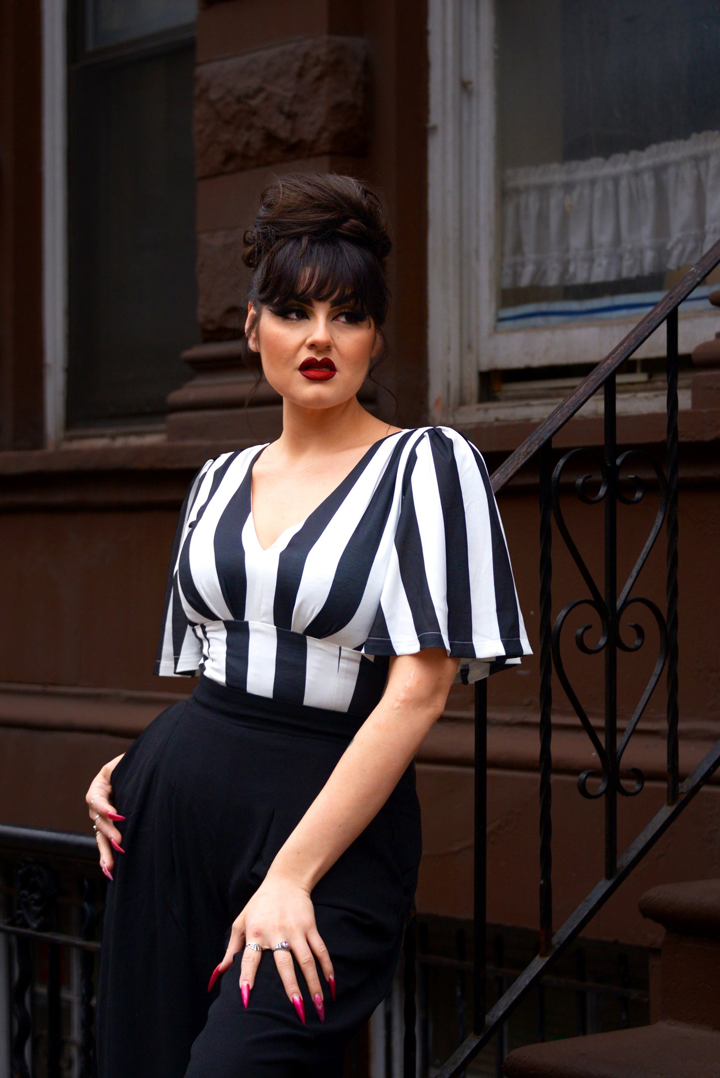 Coming Soon - Viva 40s Butterfly Sleeve Blouse Top in Mark Black and White Stripe Stretch Crepe | Laura Byrnes