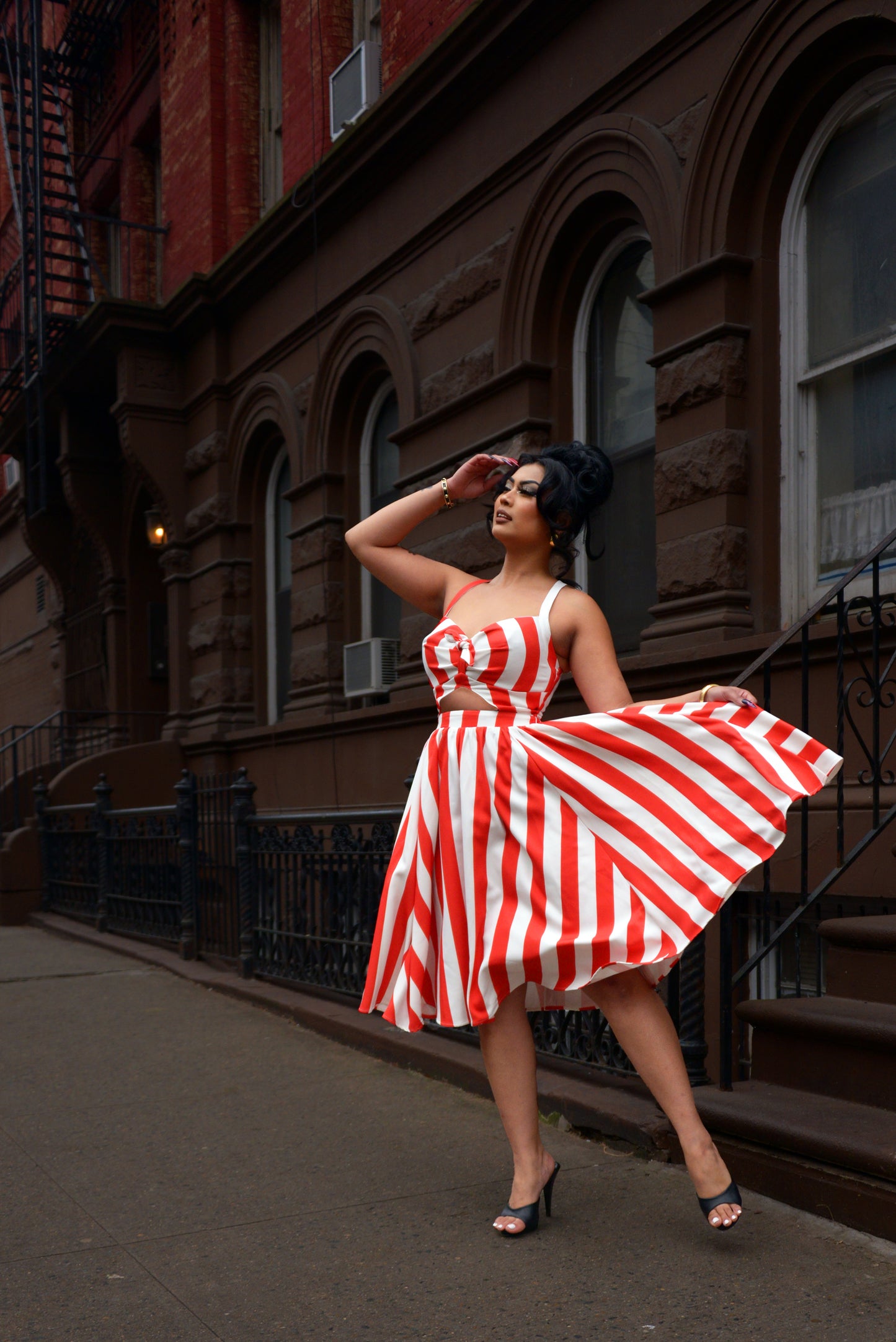 Renee Swing Dress in Red & White Mark Stripe Stretch Crepe | Pinup Couture