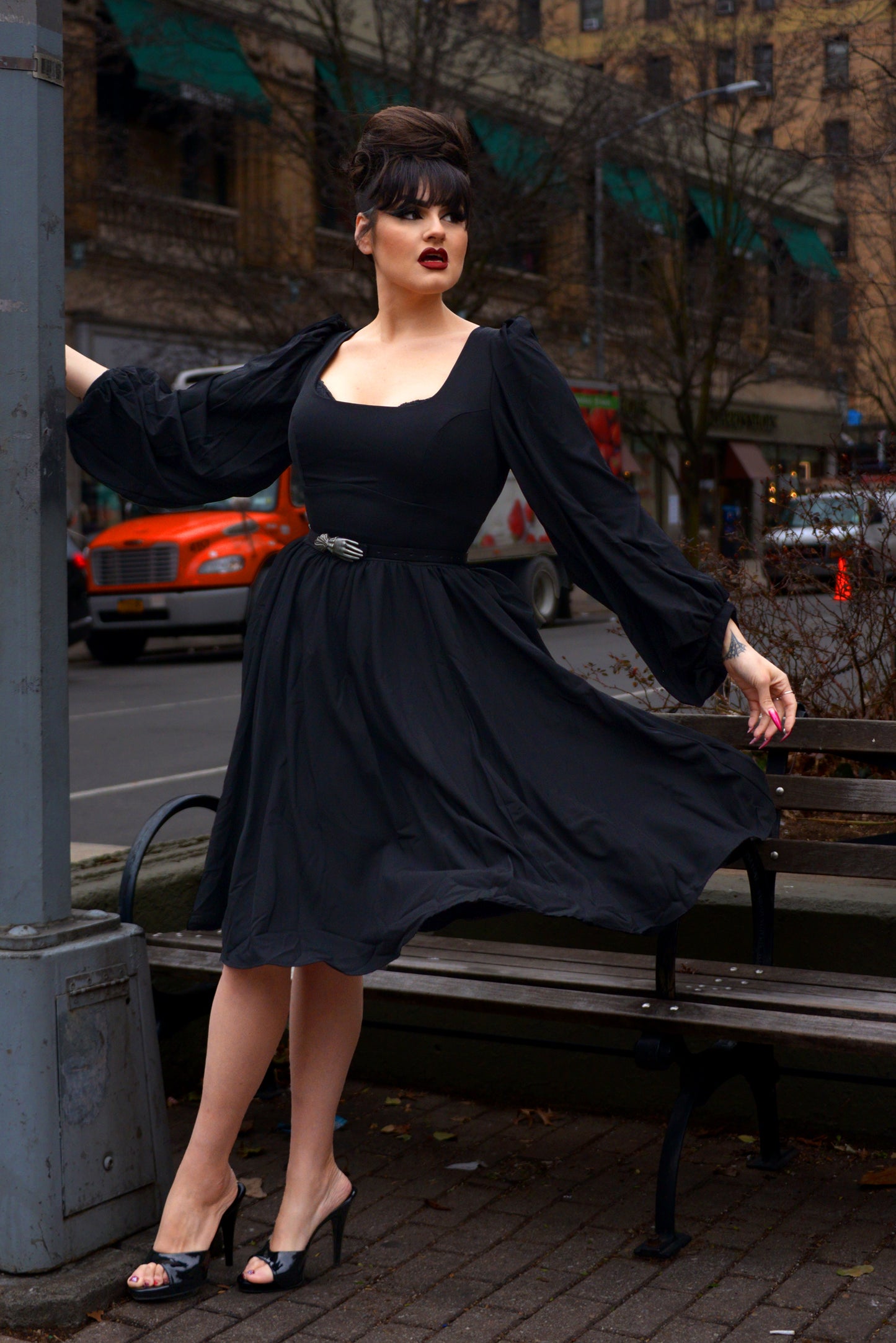 Amara Long Sleeved Swing Dress in Solid Black Crepe | Pinup Couture