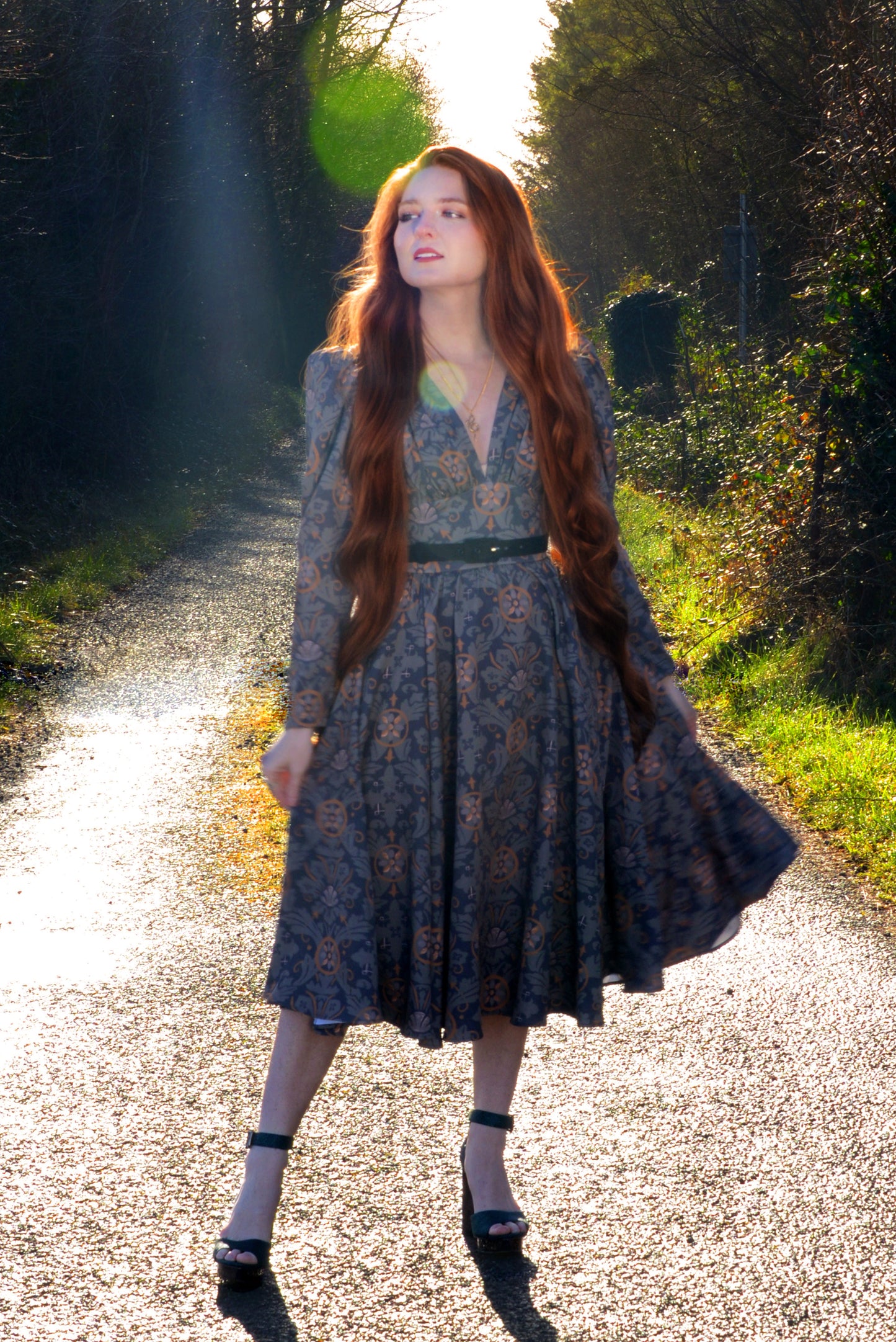 Luna 40s Swing Dress in Royal Woods Crepe | Laura Byrnes & Hope Johnstun