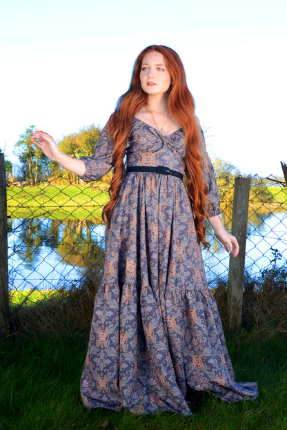 Final Sale - Molly Medieval Gothic Maxi Gown in Royal Woods Print Crepe | Laura Byrnes & Hope Johnstun