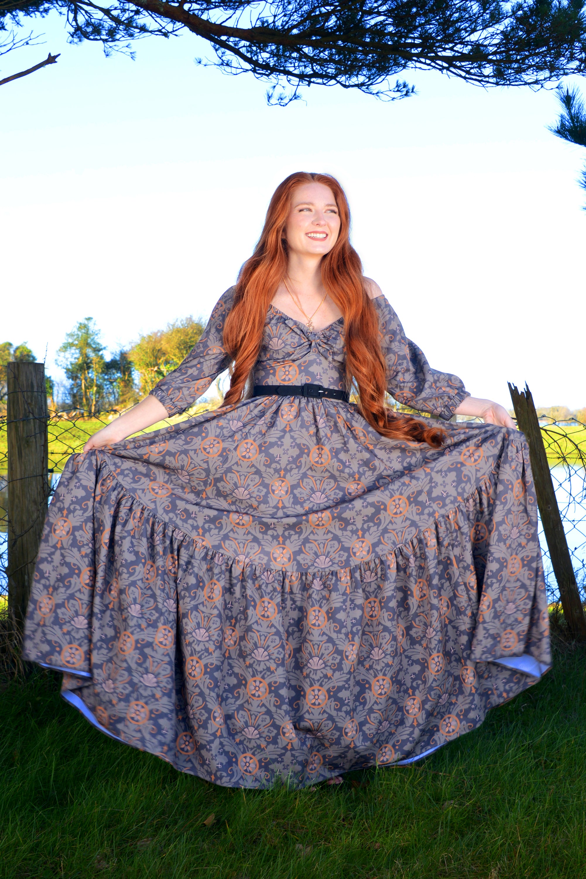 Molly Medieval Gothic Maxi Gown in Royal Woods Print Crepe