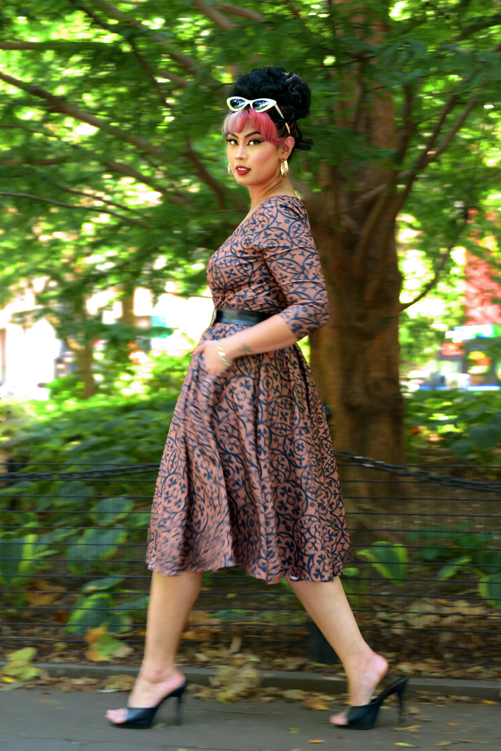 Priscilla Swing Dress in Gold and Black Medallions Print Stretch Twill