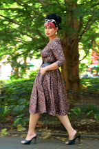 Priscilla Swing Dress in Gold and Black Medallions Print Stretch Twill