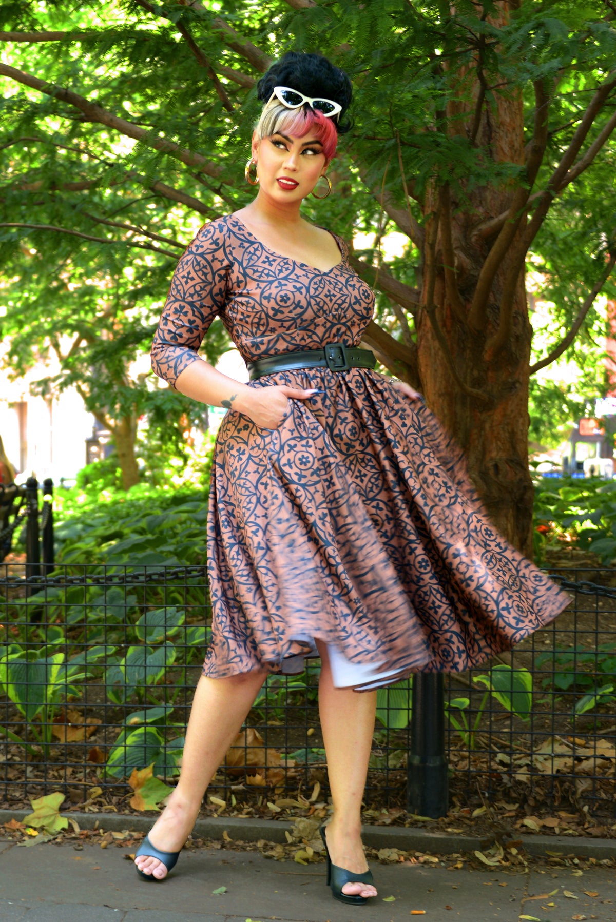 Priscilla Swing Dress in Gold and Black Medallions Print Stretch Twill