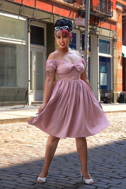 Natalie Gathered Swing Dress in Baby Pink Stretch Crepe | Pinup Couture