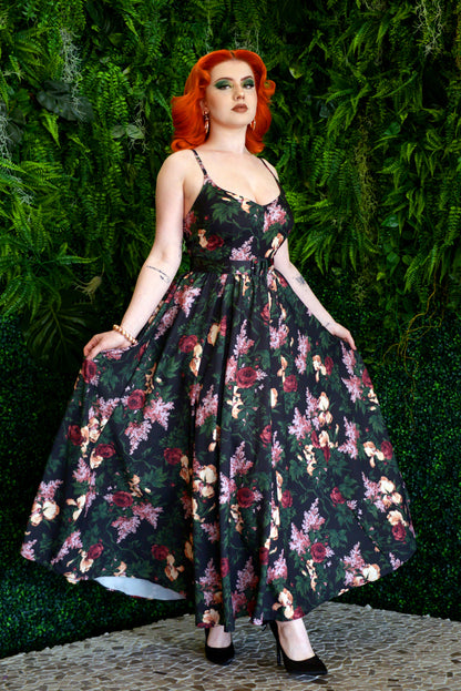 Amalie Ballerina daytime maxi gown in the Dark Bella Roses floral print, full length